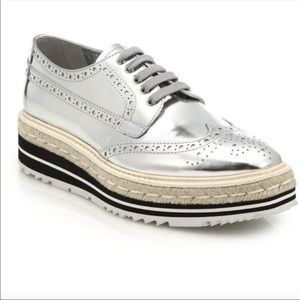 PRADA Silver Metallic Brogue Platform Wingtip Shoe